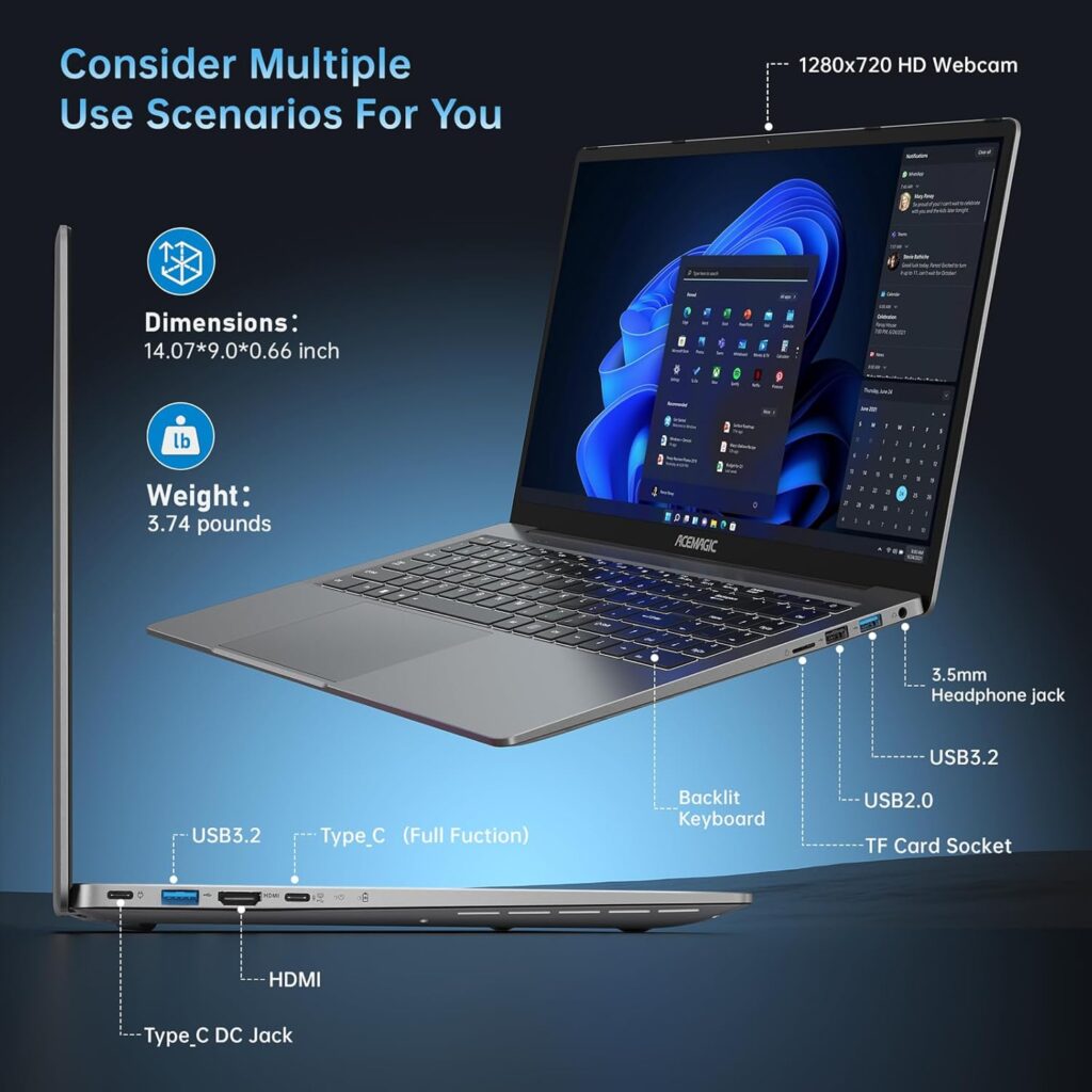 ACEMAGIC Laptop Computer AMD Ryzen 7 5700U Gaming Laptop 16GB DDR4 512GB M.2 2280 NVMe SSD Windows Laptop Office Laptops Home Laptops Windows11 16.1-inch IPS FHD WIFI6 BT5.2 HDMI Type-C USB3.2