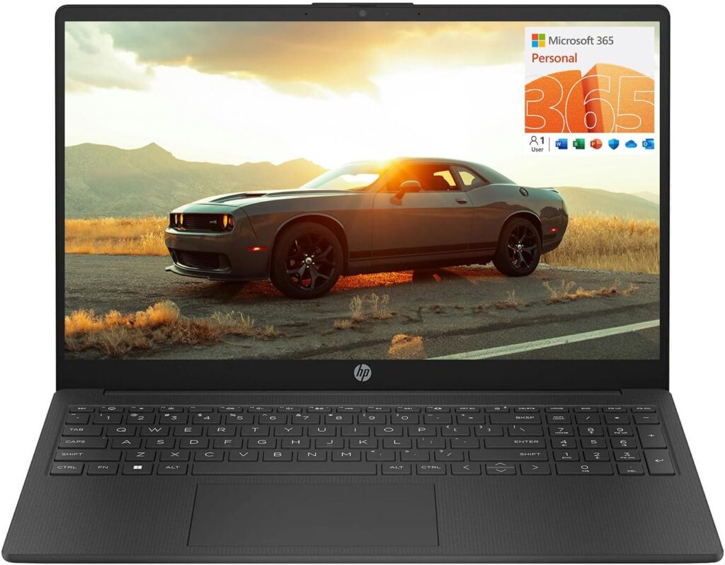 HP 15.6 Portable Laptop (Include 1 Year Microsoft 365), HD Display, Intel Quad-Core N200 Processor, 16GB RAM, 128GB Storage, Wi-Fi 6, Webcam, HDMI, Numeric Keypad, Windows 11 Home, Silver