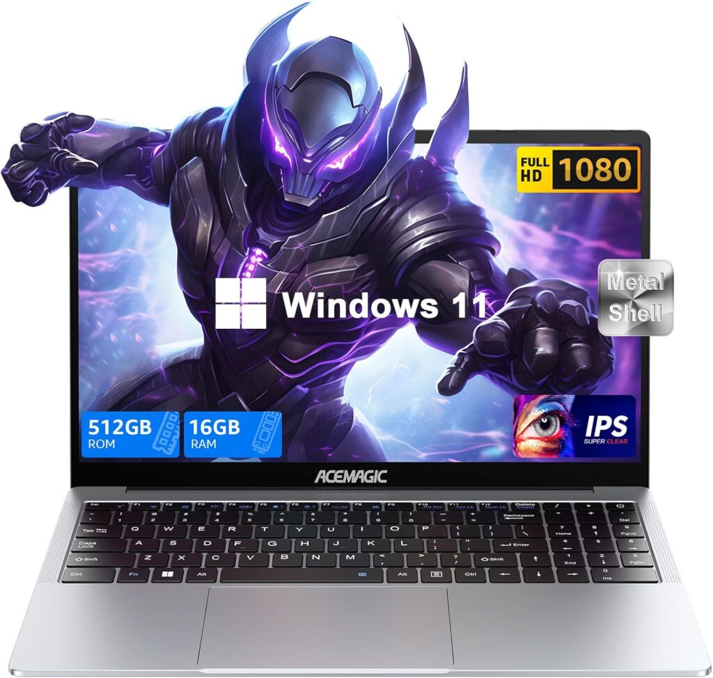 ACEMAGIC Laptop Computer, 16GB DDR4 512GB SSD, Windows 11 Laptop, 15.6 IPS 1080P PC, Metal Shell, WiFi, BT5.0, USB3.2, Type_C, Long Battery Life, 180° Open Angle, Silver