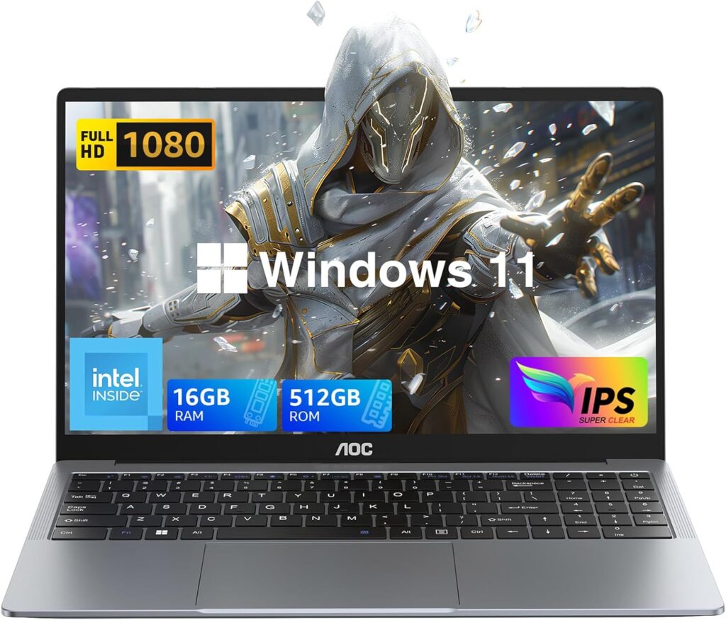 AOC Laptop Computer 15.6 Inch FHD Screen Laptop with N97 Processor(Up to 3.6GHz) 16GB RAM 512GB SSD Gaming Laptops Windows 11 Laptop Computer, LightThin, Metal Shell, Webcam, Type-C, USB3.2, Grey