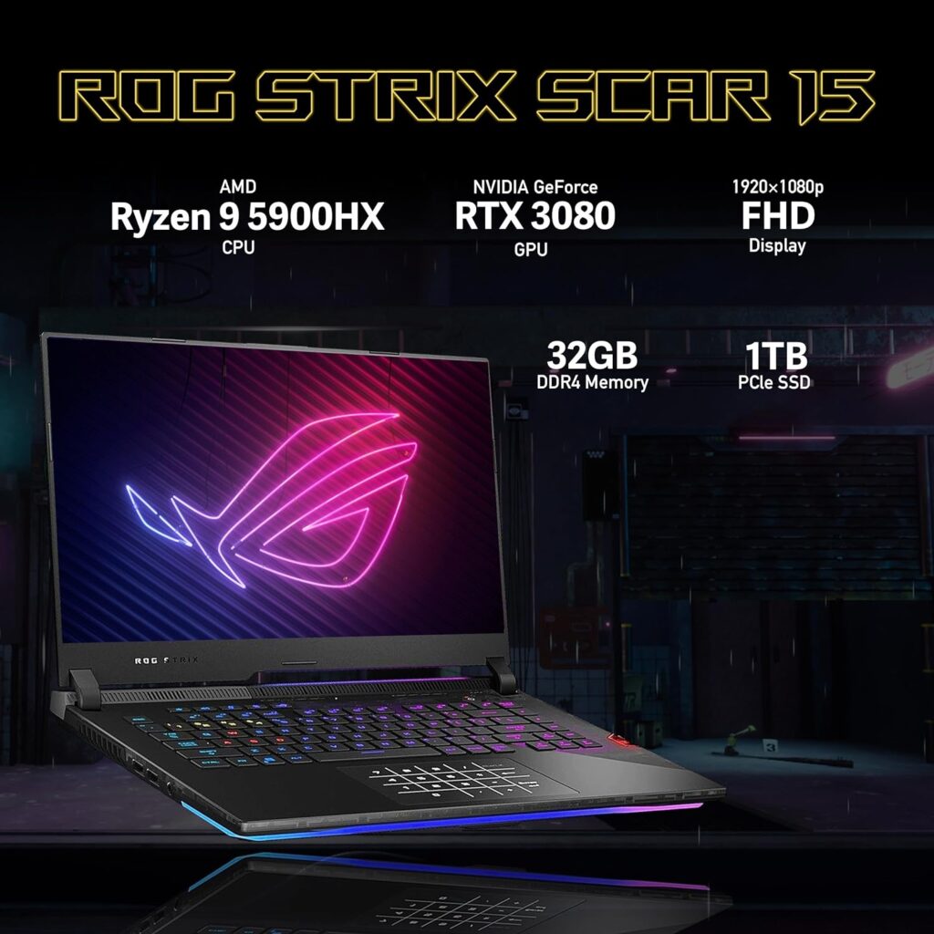 asus 2023 ROG Strix Scar 15 15.6 300Hz IPS Type FHD Gaming Laptop, AMD Ryzen 9 5900HX, 64GB RAM, 4TB PCIe SSD, Backlit Keyboard, GeForce RTX 3080, WiFi 6, Win 11 Pro, Black, 32GB SnowBell USB Card