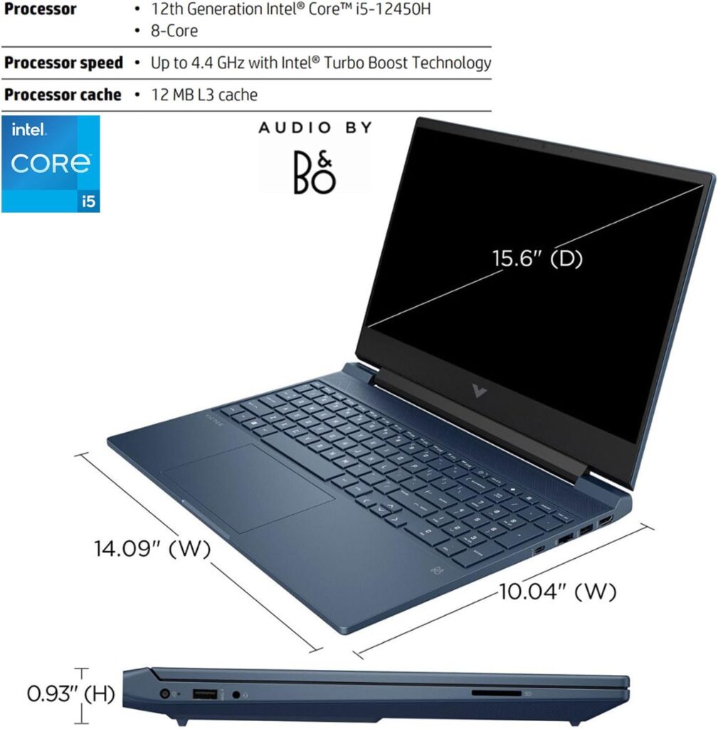 HP Victus 15.6 i5 Gaming Laptop, 15.6 FHD 1920*1080 144Hz, Intel Core i5-12450H, NVIDIA GeForce RTX 3050, 32GB RAM, 1TB SSD, Backlit KB, Touchpad, SD Card Reader, Webcam, HDMI, Wi-Fi 6, W11 H, Blue