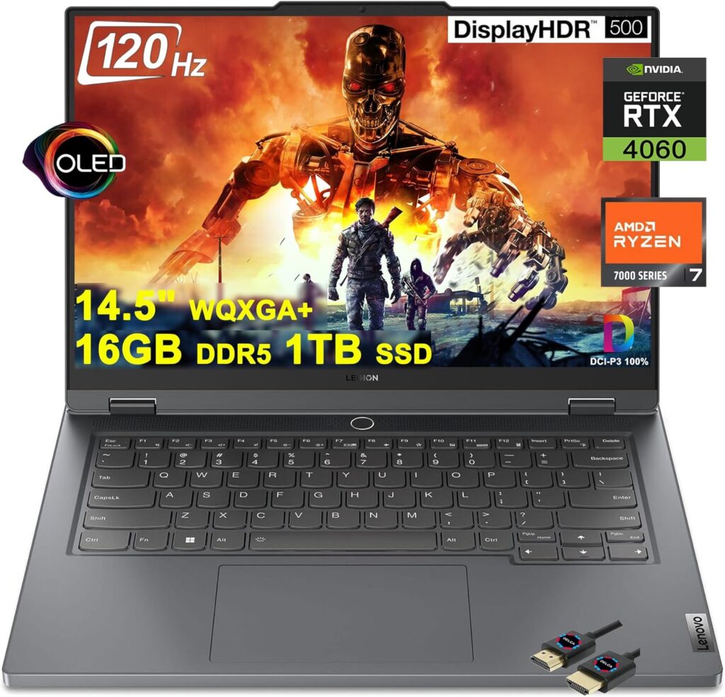 Lenovo Legion Slim 5 Gaming Laptop | 14.5 WQXGA+ OLED 120Hz 400nits 100% DCI-P3 | AMD 8-Core Zen 4 Ryzen 7 7840HS (i7-12700H) | 16GB DDR5 1TB SSD | GeForce RTX 4060 | Backlit Win11 + HDMI Cable